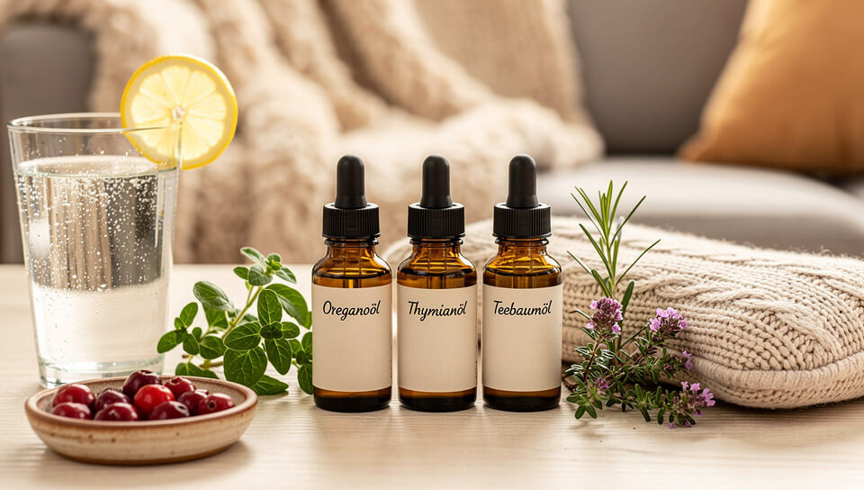 Ätherische Öle bei Blasenentzündung – Fläschchen mit Oregano-, Thymian- und Teebaumöl neben einer Wärmflasche
