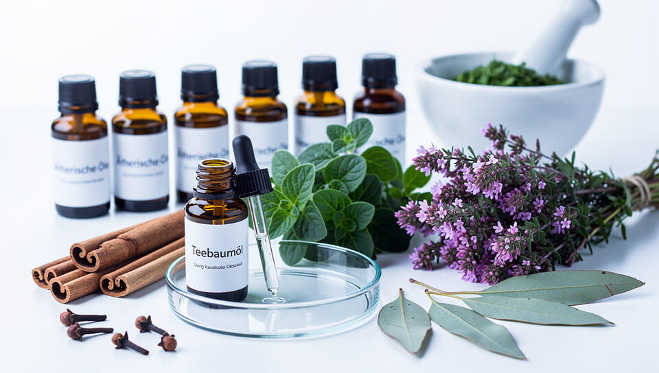 Antibakterielle ätherische Öle in Glasflaschen neben frischen Kräutern wie Oregano und Thymian