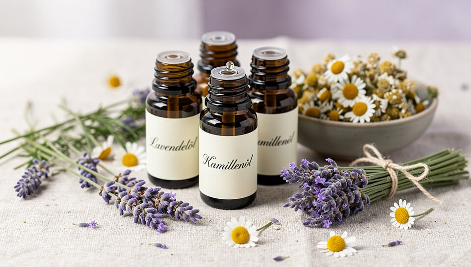 Beruhigende ätherische Öle in Fläschchen mit Lavendel und Kamille